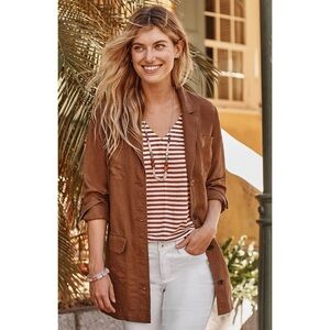 J. Jill Long Linen Blazer Lightweight Lagenlook Auburn Brown Patch Pockets